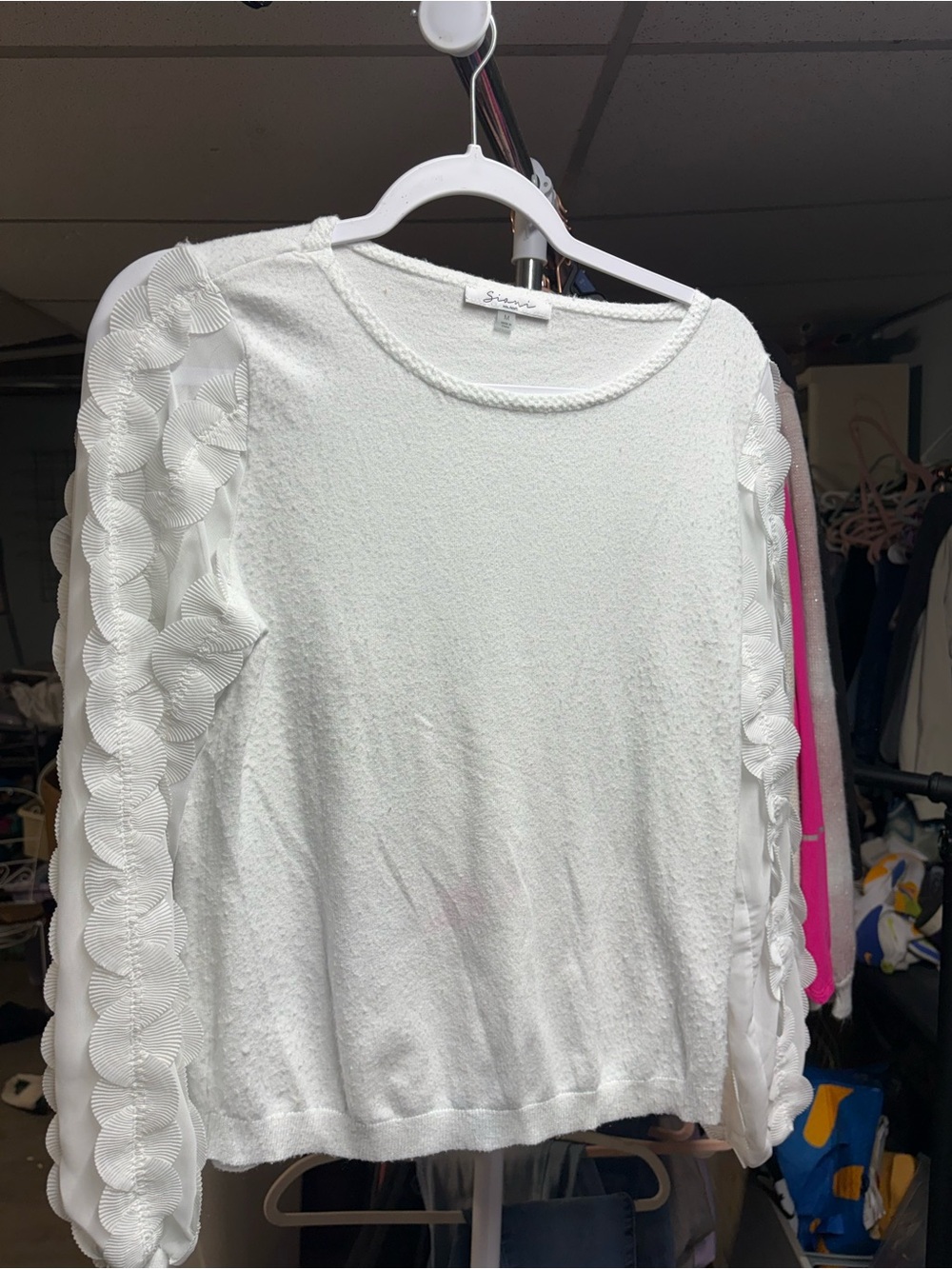 Sioni White Knit Top with Scalloped Ribbon Sleeve Detail